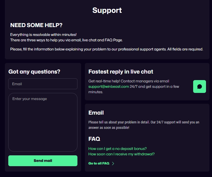 Win Beast Casino customer support page with email contact form, 24/7 live chat and frequently asked questions